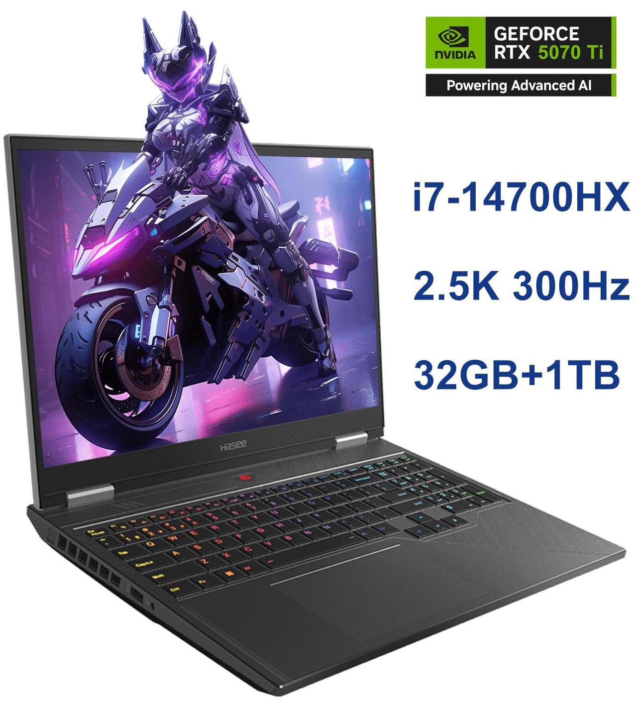 Main image of Hasee T8 Pro-16'' GeForce RTX 5070 Ti Laptop GPU, Intel i7-14700HX-5.5GHz, AI Ready Gaming Laptop, 32GB DDR5 RAM, 1TB SSD, 16'' 300Hz QHD+ 100%sRGB IPS, RGB KB, WiFi7,BT5.4,Win11 Home
