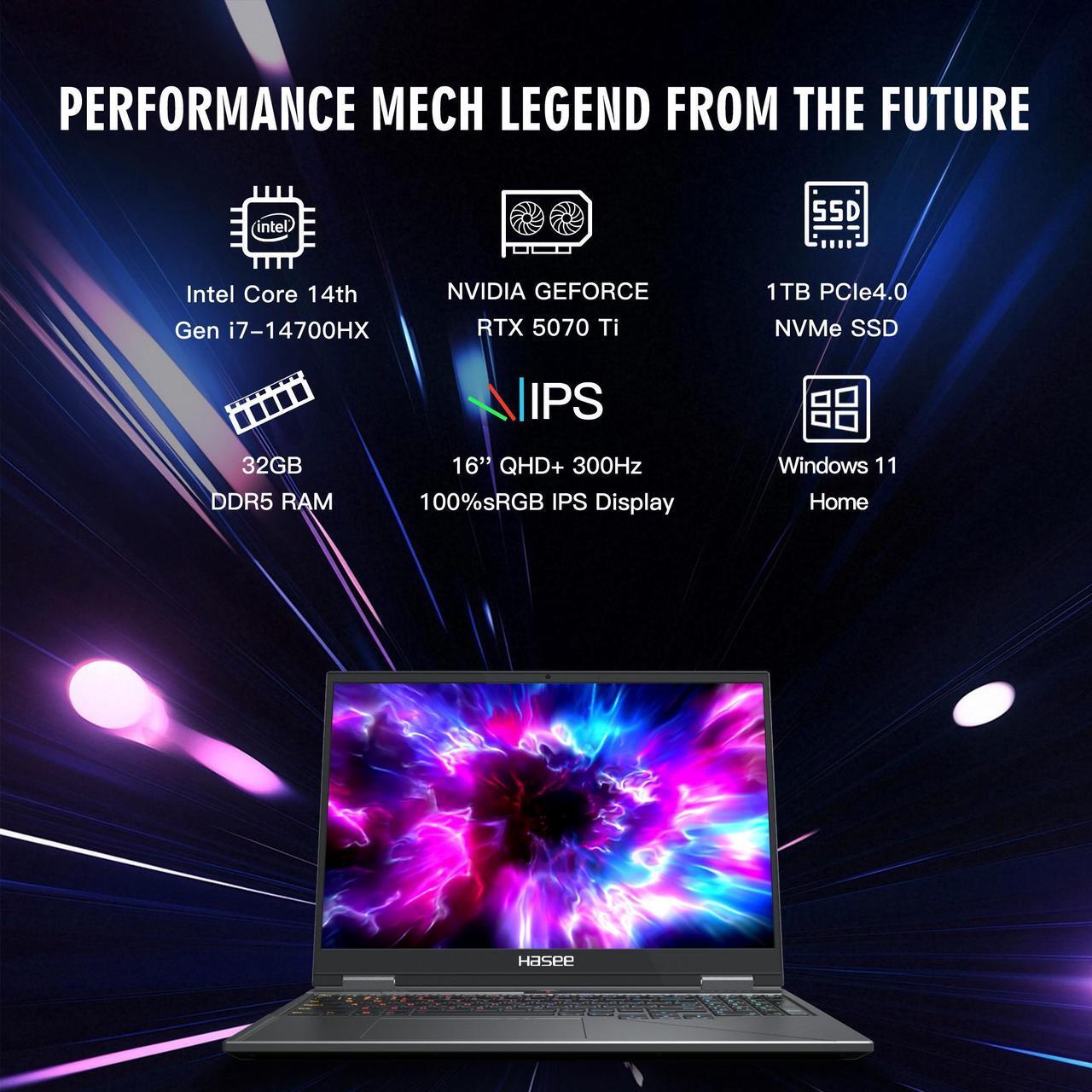 Alt view image 7 of 7 - Hasee T8 Pro-16'' GeForce RTX 5070 Ti Laptop GPU, Intel i7-14700HX-5.5GHz, AI Ready Gaming Laptop, 32GB DDR5 RAM, 1TB SSD, 16'' 300Hz QHD+ 100%sRGB IPS, RGB KB, WiFi7,BT5.4,Win11 Home