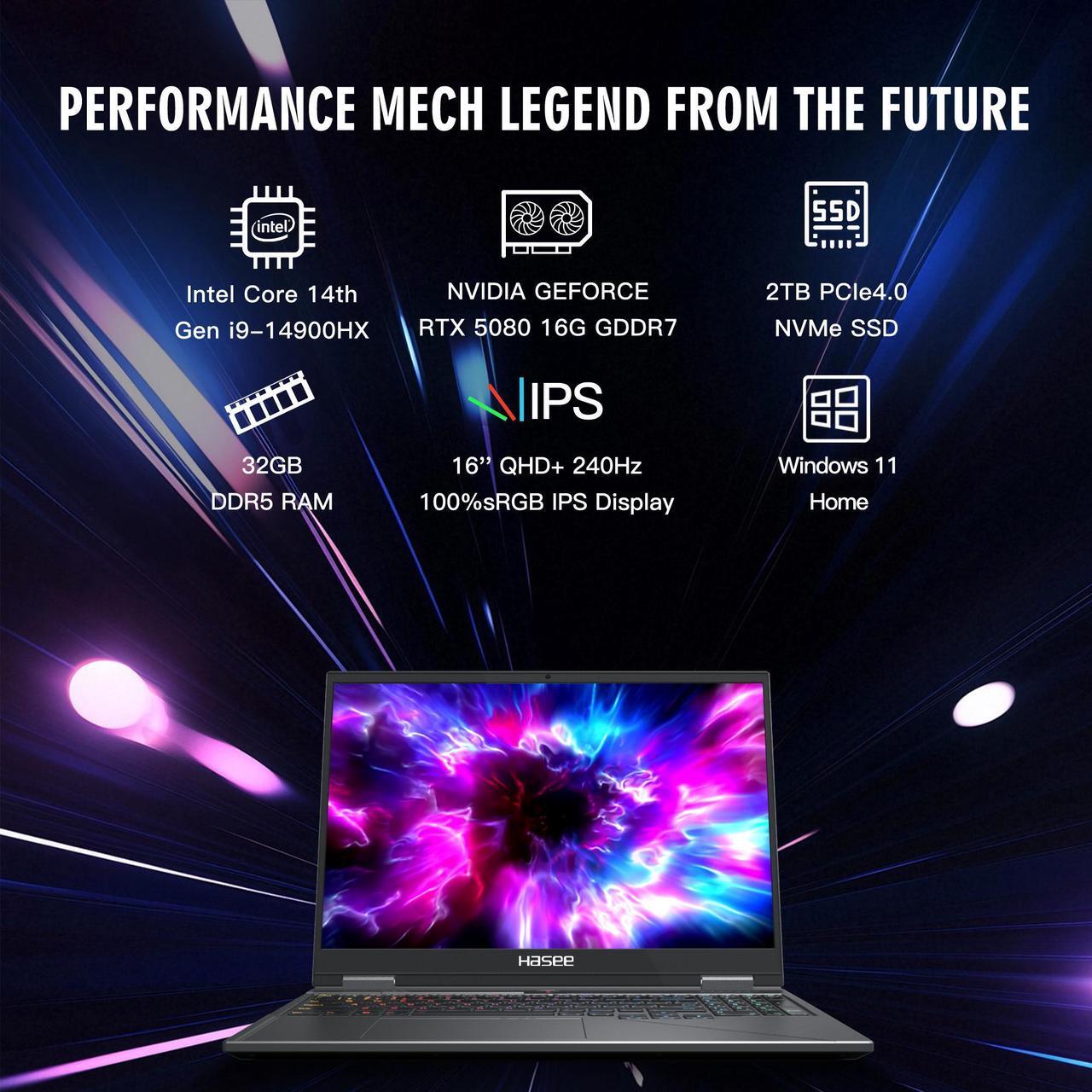 Alt view image 7 of 7 - Hasee T8 Pro-16'' GeForce RTX 5080 Laptop GPU Intel i9-14900HX-5.8GHz, AI Gaming Laptop, 32G DDR5 RAM, 2TB SSD, 16'' 240Hz QHD+ 100%sRGB IPS Display, RGB KB, WiFi 7,BT5.4,Win11, Mecha Grey