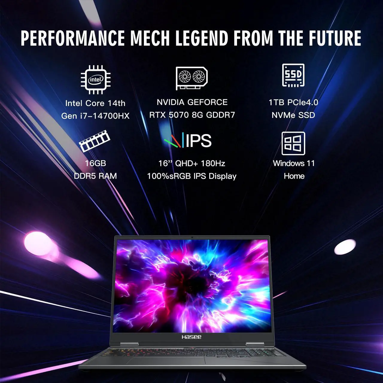 Alt view image 5 of 7 - Hasee T8 Pro-16'' GeForce RTX 5070  Laptop GPU, Intel i7-14700HX-5.5GHz, AI Ready Gaming Laptop, 16GB DDR5 RAM, 1TB SSD, 16'' 180Hz QHD 100%sRGB IPS, RGB KB, WiFi7,BT5.4,Win11 Home