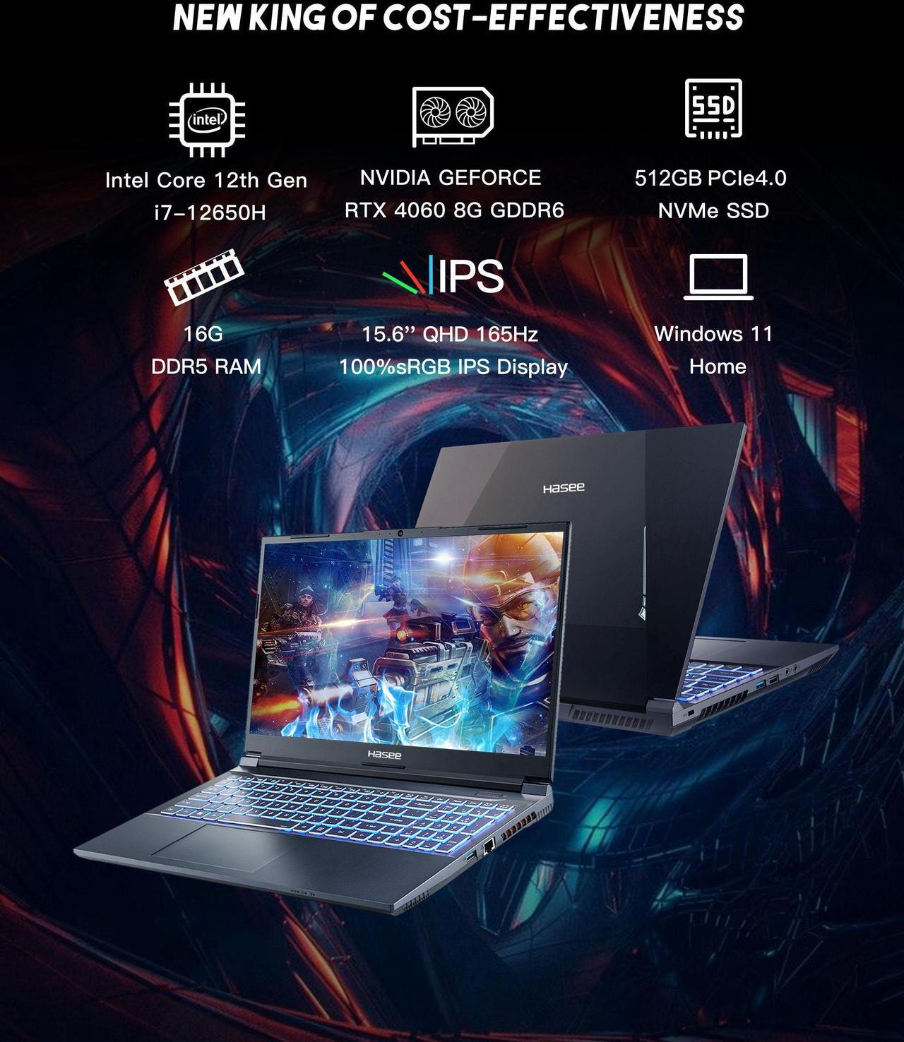 Alt view image 5 of 7 - Hasee Z8 (15.6'', i7-12650H, RTX4060), Gaming Laptop, i7-12650H 4.7GHz, 16G DDR5 RAM, 512G NVMe PCIe4.0 SSD, RTX4060 8G GDDR6, 15.6'' QHD 165Hz 100%sRGB Display, RGB KB, WF6, BT5.2, Win11, Ore Black