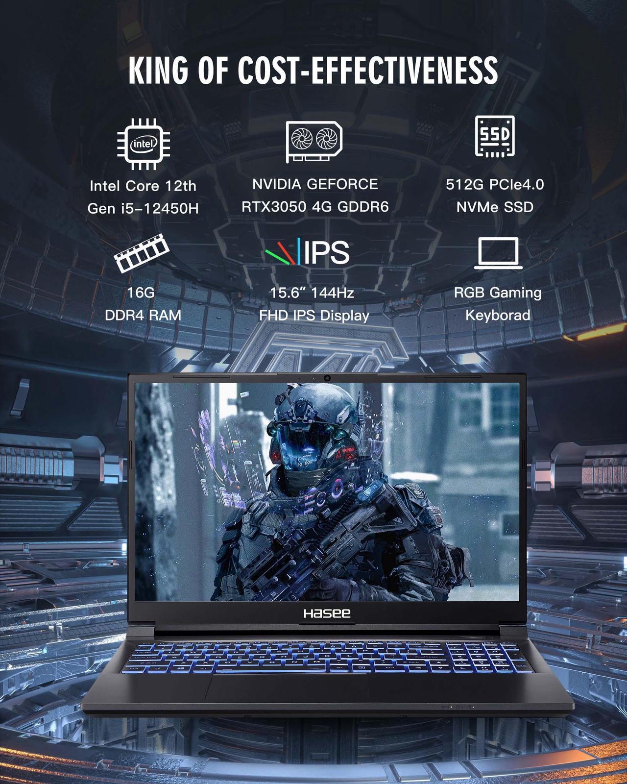 Alt view image 5 of 7 - Hasee Z8 (15.6'', i5-12450H, RTX3050), Gaming Laptop, i5-12450H 4.4GHz, 16G DDR4 RAM, 512G NVMe PCIe4.0 SSD, RTX3050 4G GDDR6, 15.6'' 144Hz 1920x1080 FHD IPS Display, RGB KB, WF6,BT, Win11, Ore Black