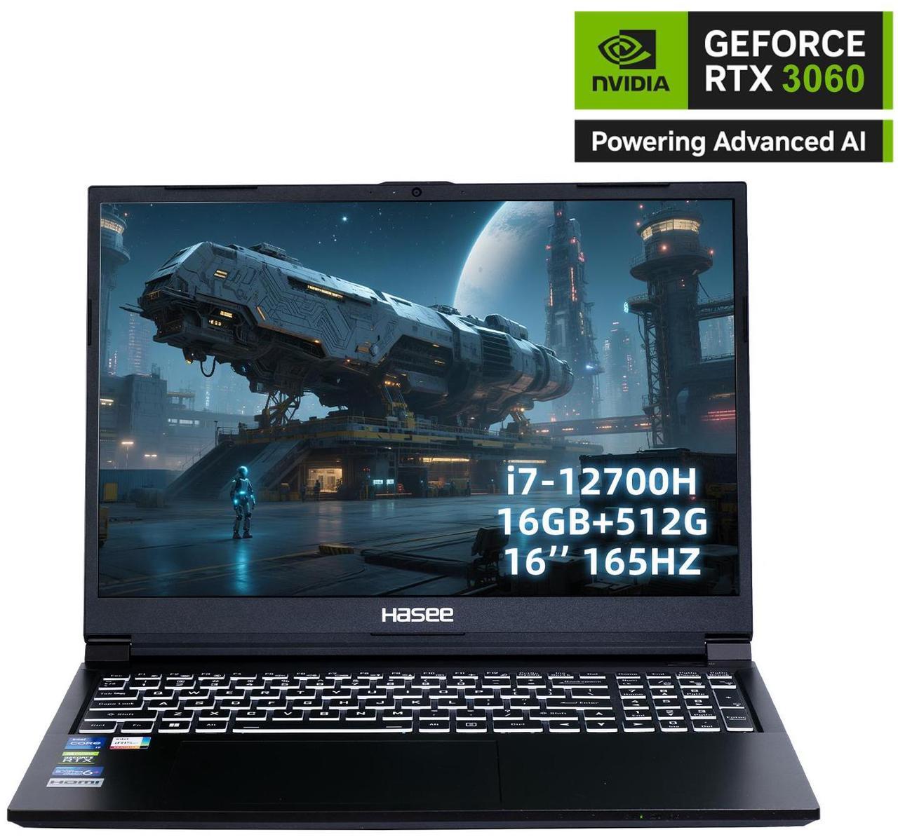 Main image of Hasee T8 (16'', i7-12700H, RTX3060), AI Gaming Laptop, Intel i7-12700H 4.7GHz, 16G RAM, 512G NVMe PCIe SSD, RTX3060 6G GDDR6, 16'' 2.5K 165Hz IPS Display, RGB KB, WiFi6, BT5.2, Win11, Obsidian Black
