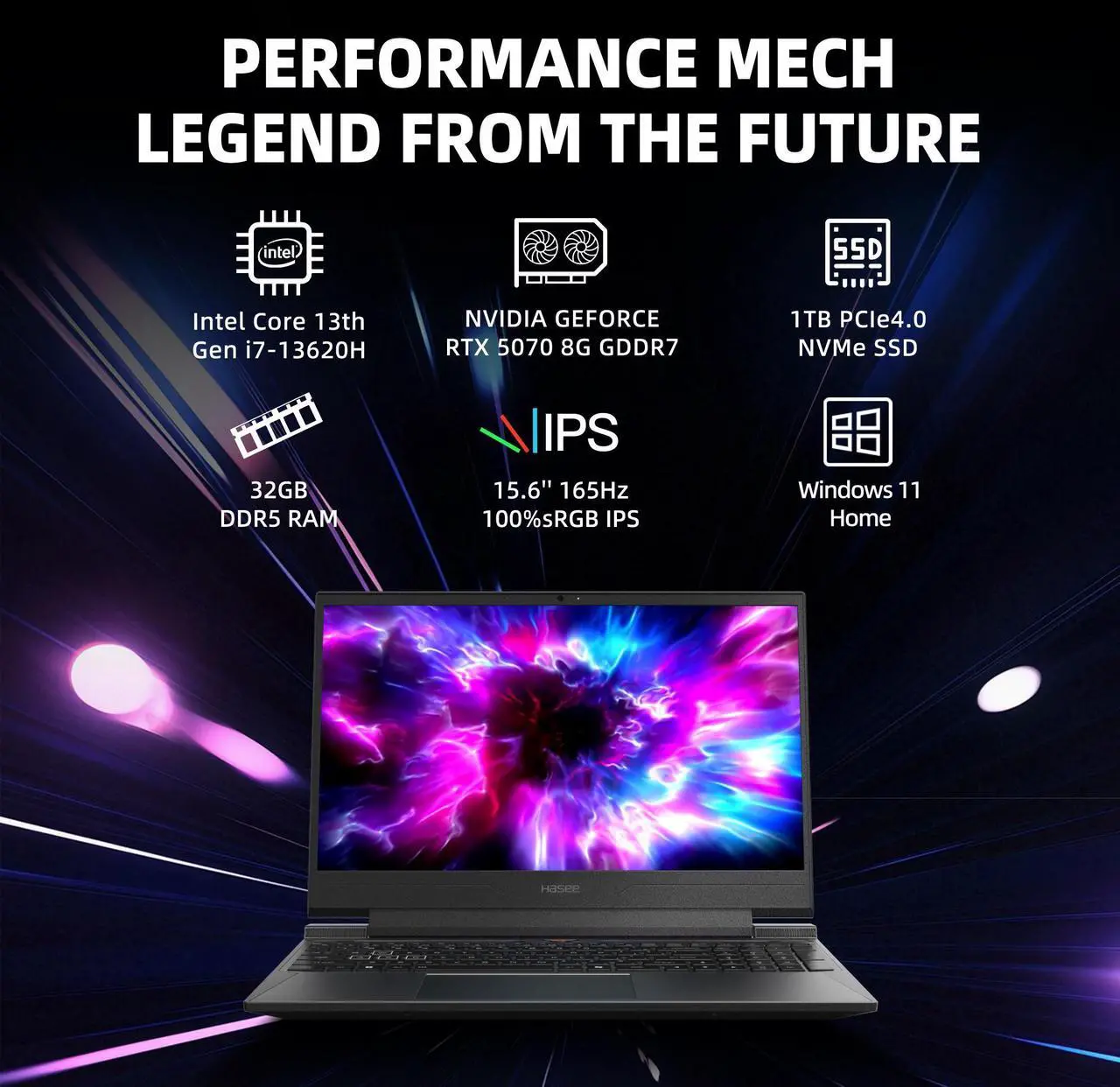Alt view image 4 of 6 - Hasee S8 (15.6'', i7-13620H, RTX5070), Gaming Laptop, RTX5070 8G GDDR7, i7-13620H 4.9GHz, 32G DDR5 RAM, 1TB NVMe PCIe4.0 SSD, 15.6'' 165Hz IPS Display, Backlit KB, WF6,BT5.4, Win11, Desert Black