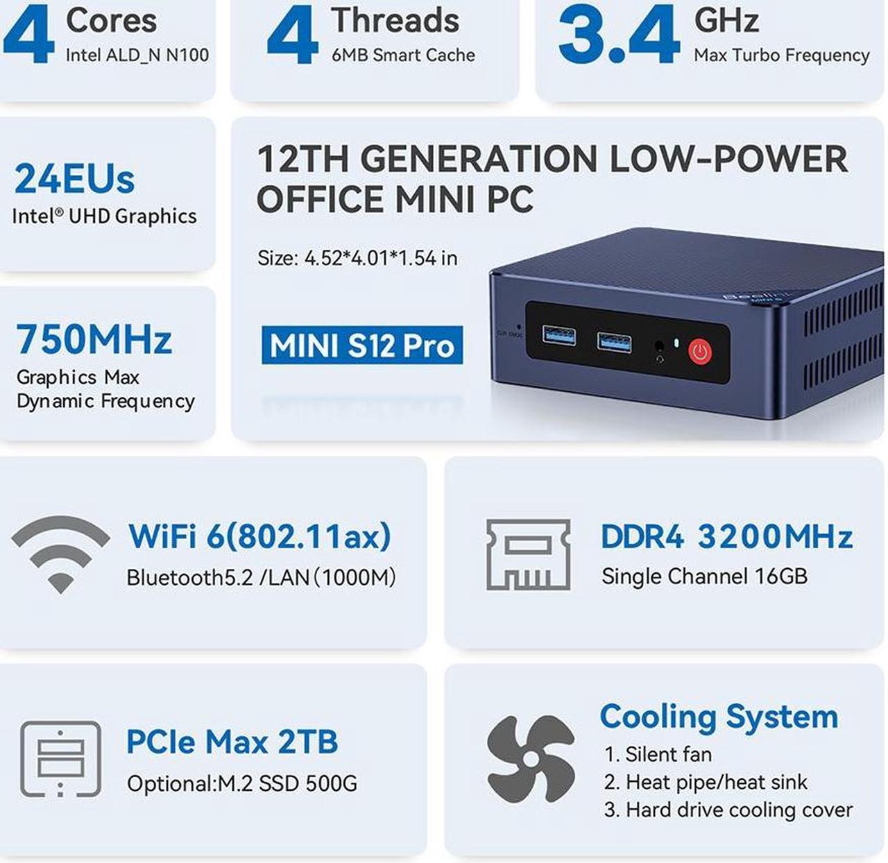 Alt view image 3 of 7 - Beelink MINI S12 PRO N100 up to 3.4Ghz Mini PC RAM 16GB SSD 500GB DDR4 3200MHz Dual HDMI 4K 60HZ 4 Core WIndows 11 Official Desktop Computers
