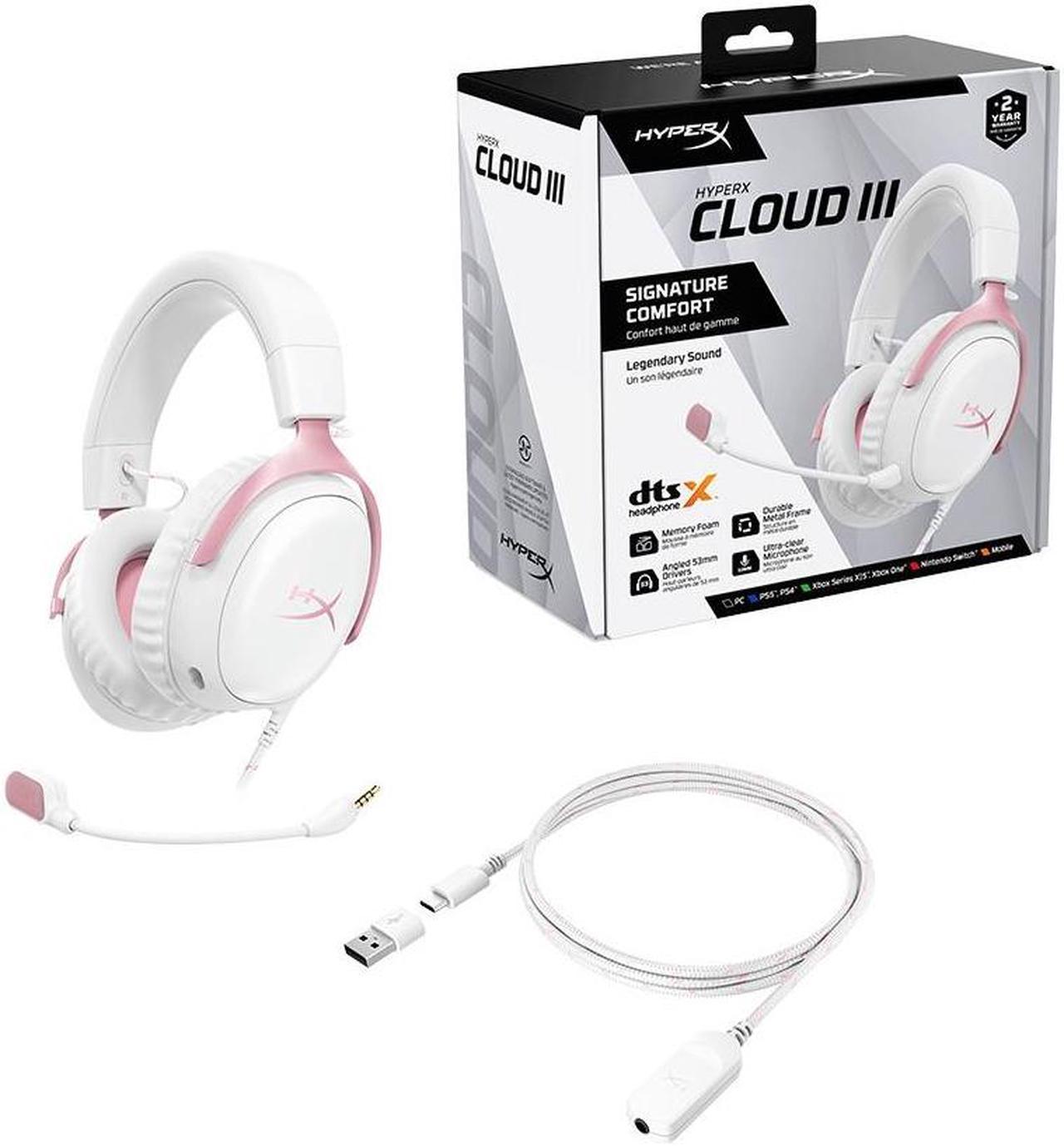 HyperX Cloud III  Wired Gaming Headset, PC, PS5, Xbox Series X|S, Angled 53mm Drivers, DTS Spatial Audio, Memory Foam, Durable Frame, Ultra-Clear 10mm Mic, USB-C, USB-A, 3.5mm  Pink