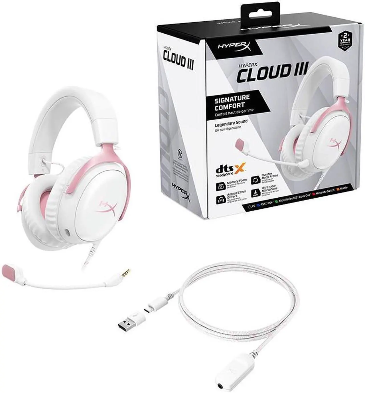 Main image of HyperX Cloud III  Wired Gaming Headset, PC, PS5, Xbox Series X|S, Angled 53mm Drivers, DTS Spatial Audio, Memory Foam, Durable Frame, Ultra-Clear 10mm Mic, USB-C, USB-A, 3.5mm  PINK