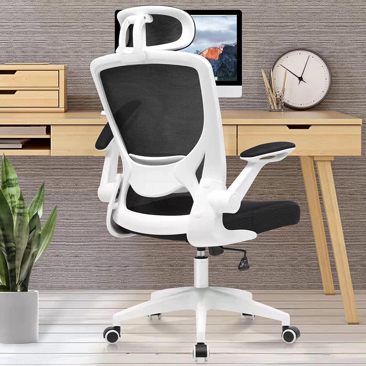 Ergonomic Office Chair, KERDOM Breathable Mesh Desk Chair, Lumbar Support Computer Chair with Headrest and Flip-up Arms, Swivel Task Chair, Adjustable Height Gaming Chair White