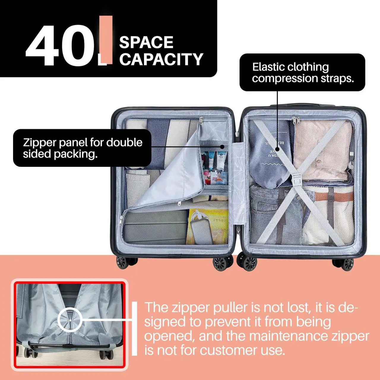 Alt view image 5 of 6 - AnyZip Carry On Luggage 20" Hardside PC ABS Lightweight USB Suitcase with Wheels TSA Lock Pink