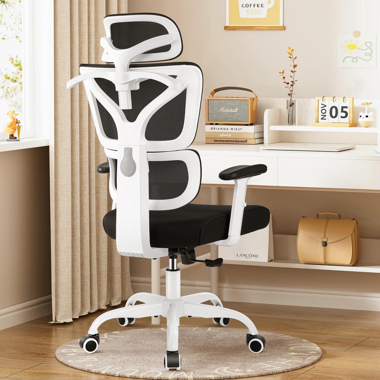 Office Chair, Ergonomic Desk Chair, Comfy Breathable Mesh Task Chair with Headrest High Back, Home Computer Chair 3D Adjustable Armrests, Executive Swivel Chair with Roller Blade Wheels White