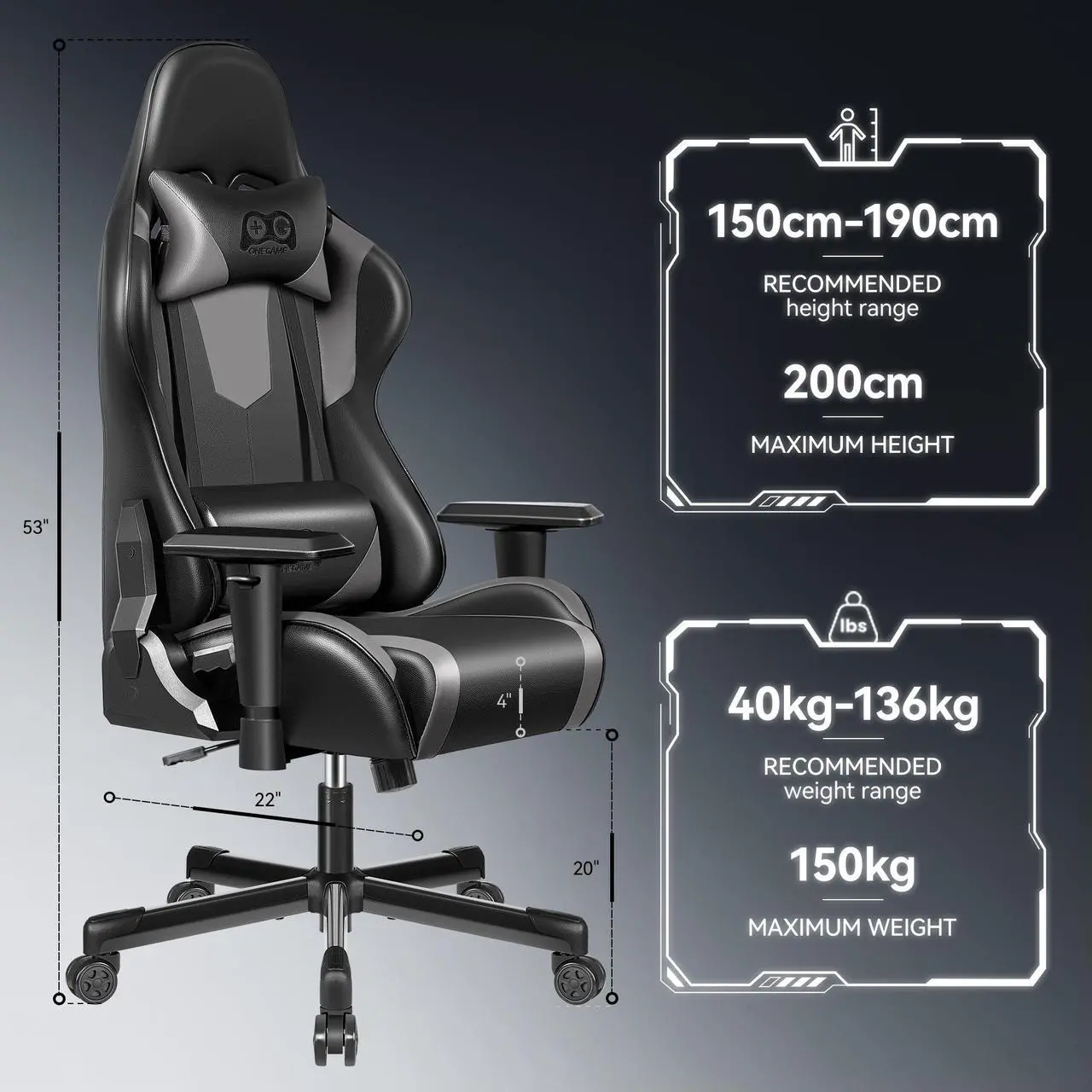 Alt view image 3 of 7 - KERDOM Ergonomic Gaming Chair, PU Leather Gamer Chair Racing Style Internet bar Game Chair, Adjustable Backrest, Swivel, Lumbar Support Gamer Chair - Black / Grey
