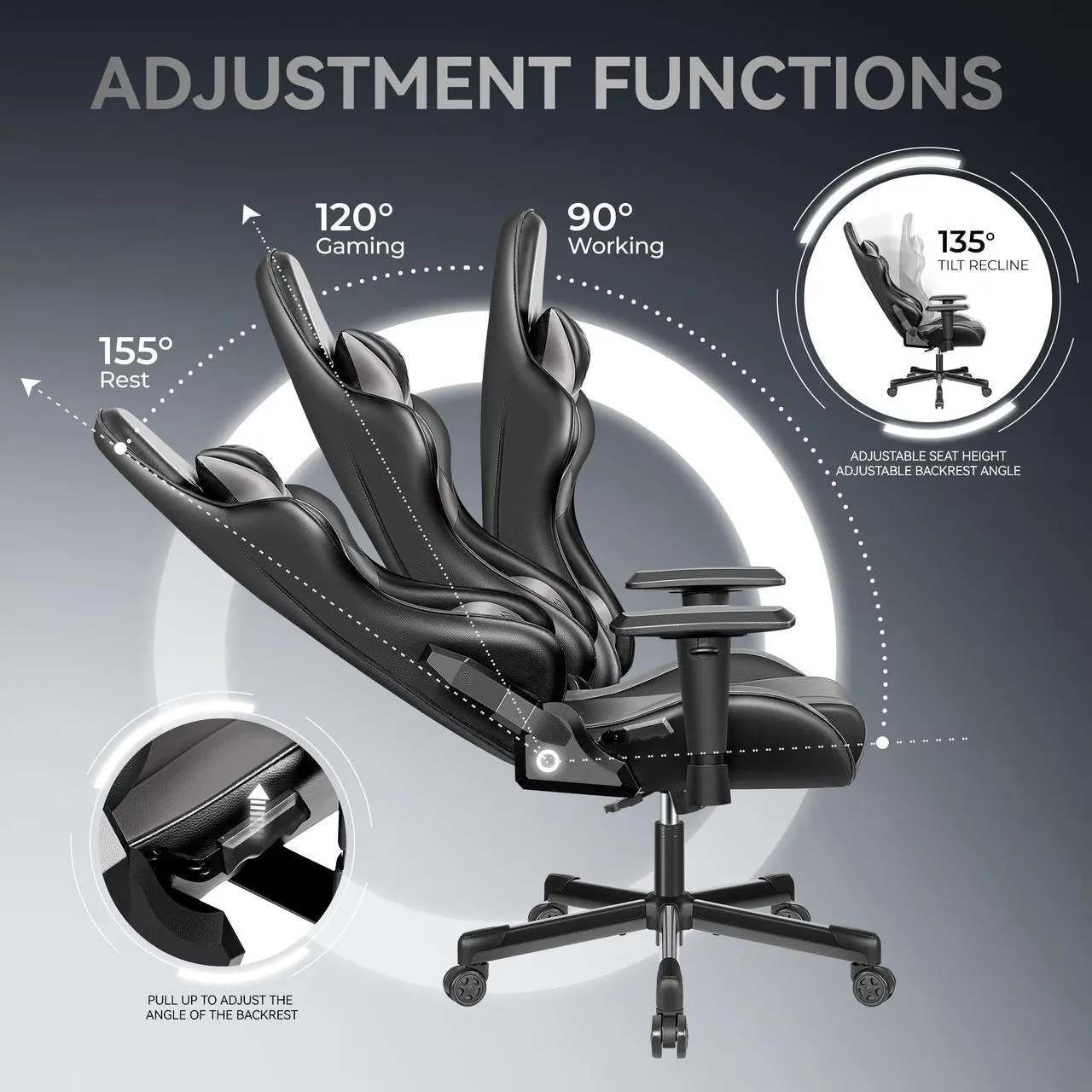 Alt view image 4 of 7 - KERDOM Ergonomic Gaming Chair, PU Leather Gamer Chair Racing Style Internet bar Game Chair, Adjustable Backrest, Swivel, Lumbar Support Gamer Chair - Black / Grey