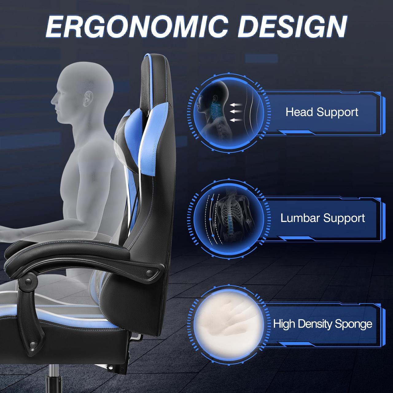 Alt view image 6 of 7 - KERDOM Ergonomic Gaming Chair, Racing-Style Swivel Desk Chair, High-Back Adjustable Computer Chair with Lumbar Support Black / Blue