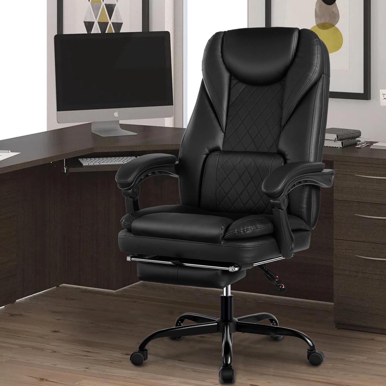 Executive Office Chair, Big and Tall Office Chair with Foot Rest Reclining Leather Chair High Back Lumbar Support Ergonomic Office Chair with Padded Armrests