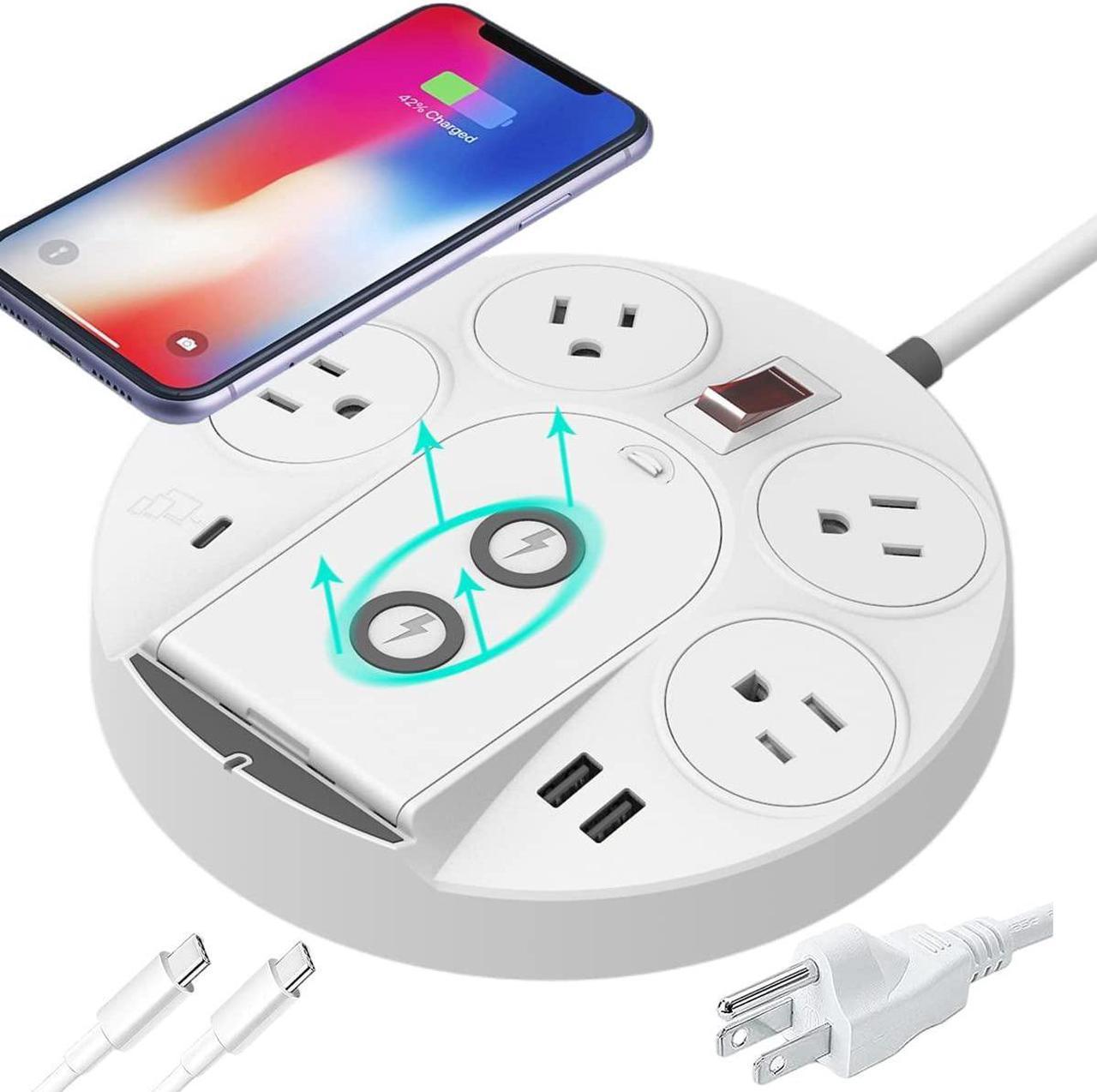 QC3.0 Desktop Power Strip Surge Protector With 45W USB PD 20W Type C Port, 15W Phone Wireless Charger USB Ports 4 AC Outlets 5ft Extension Cord Surge Protector For iPhone 13/12/iPad Laptop Macbook Pro