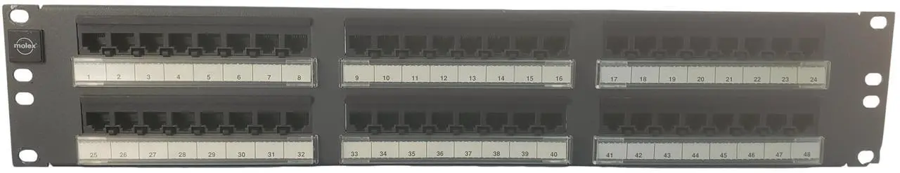 Main image of Molex 48-Port Cat5E UTP Unshielded Patch Panel for 19-Inch Wall Mount Or Rackmount Ethernet Network 2U Black