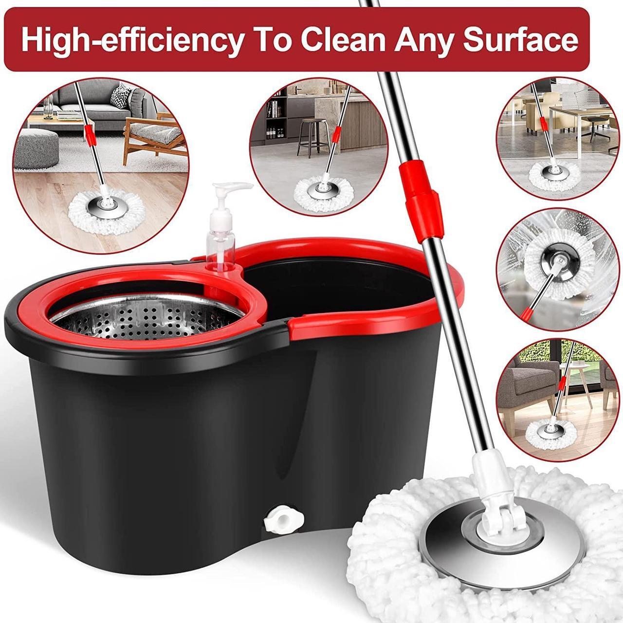 Alt view image 2 of 7 - H BOP Spin Mop Bucket System EasyWring 360° Head Easy Spin Dry Floor Mop Bucket 3x Mop Head Microfiber