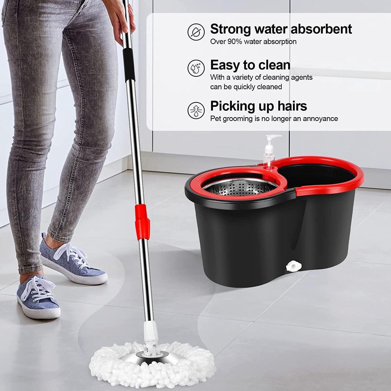 Alt view image 7 of 7 - H BOP Spin Mop Bucket System EasyWring 360° Head Easy Spin Dry Floor Mop Bucket 3x Mop Head Microfiber