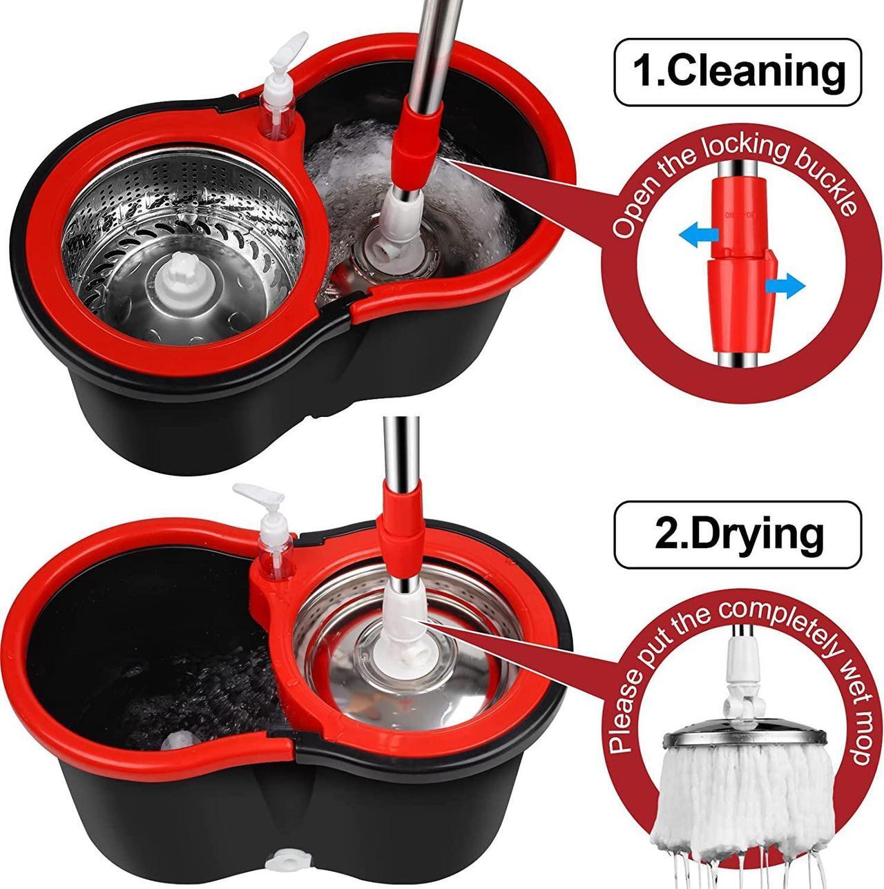 Alt view image 3 of 7 - H BOP Spin Mop Bucket System EasyWring 360° Head Easy Spin Dry Floor Mop Bucket 3x Mop Head Microfiber