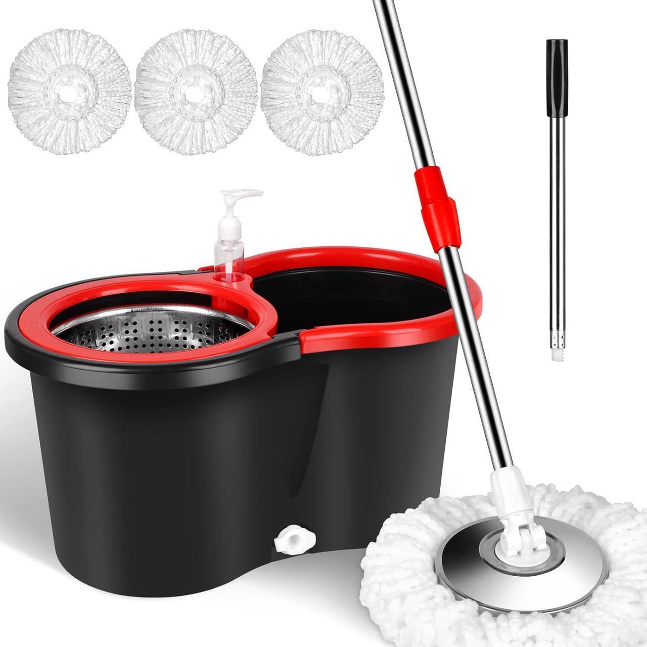 Main image of H BOP Spin Mop Bucket System EasyWring 360° Head Easy Spin Dry Floor Mop Bucket 3x Mop Head Microfiber