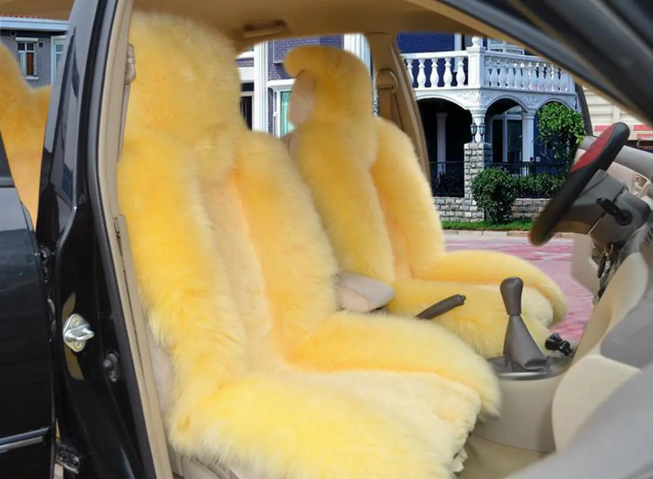 Main image of 2pcs Natural Sheepskin Car Seat Covers For Cars Sideless Fur car Seat Cover Unviersal Fit Winter Warm Beige