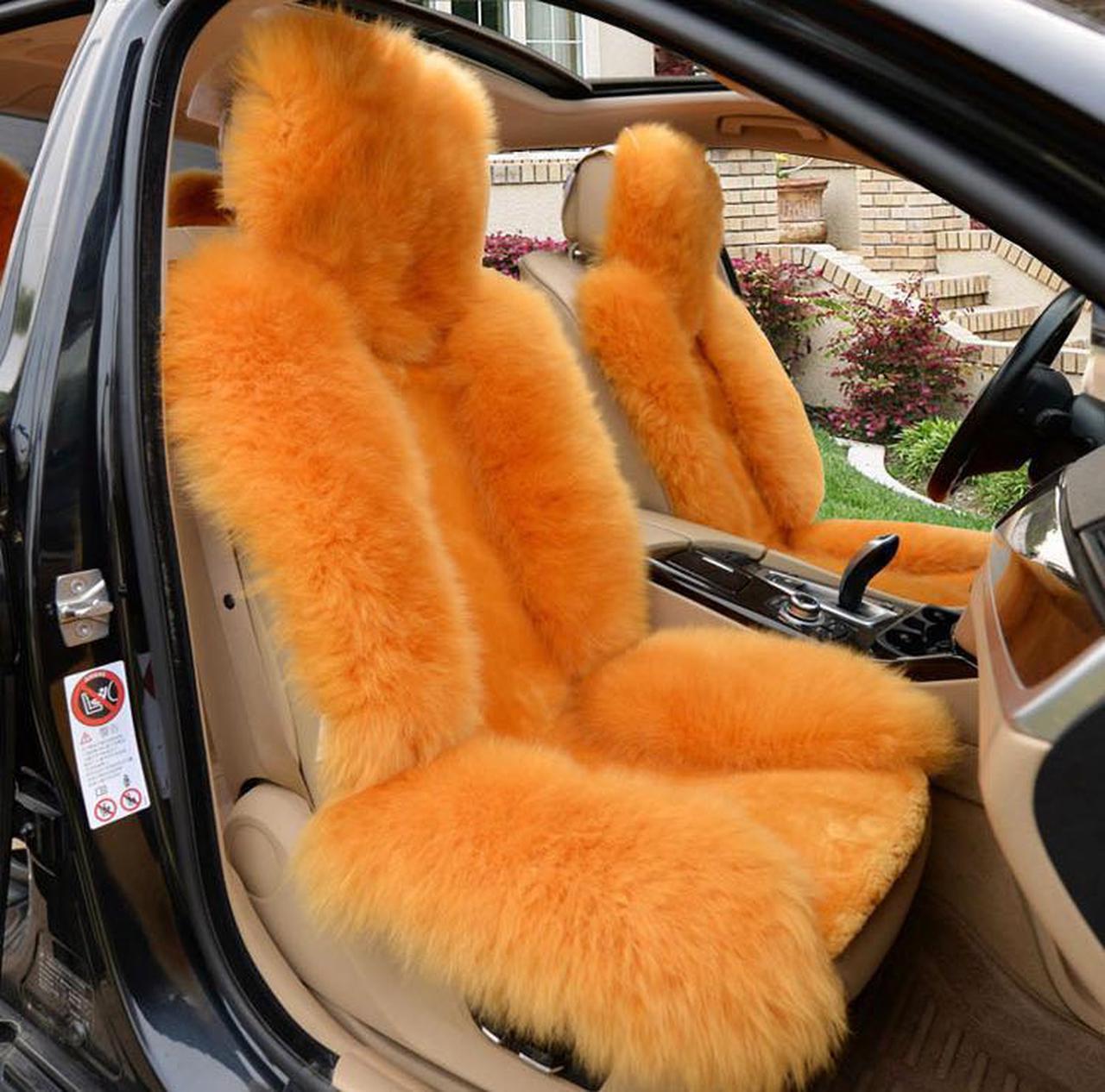 Main image of 2pcs Genuine Long Wool Sheepskin Car Seat Cover For Cars Sideless Fur car Seat Covers Unviersal Fit Winter Warm Orange