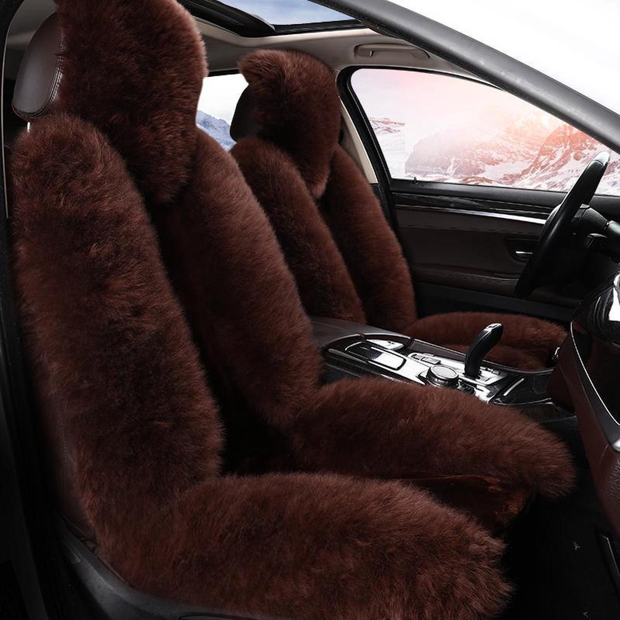 Alt view image 2 of 2 - 3pcs Genuine Fur Car Seat Covers For Cars Full Set Sideless Lambskin Seat Cover Unviersal Fit Winter Warm Brown