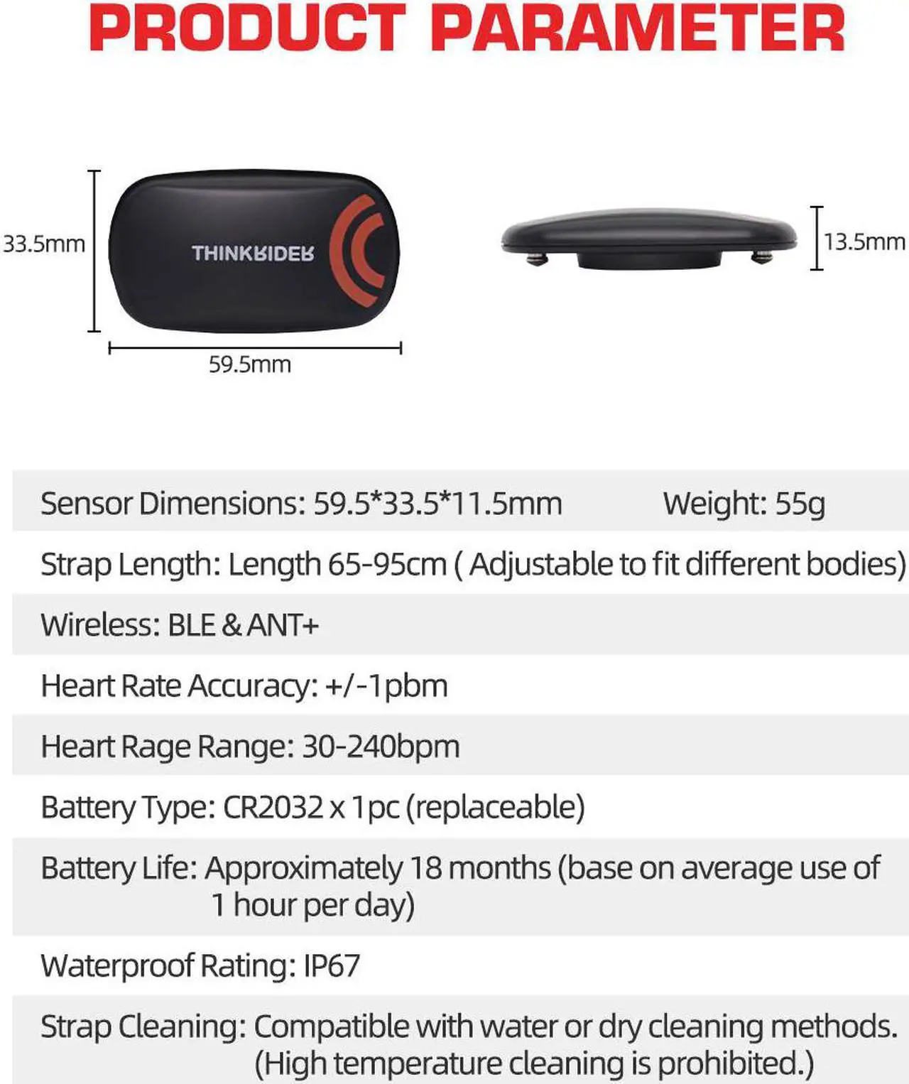Alt view image 5 of 6 - Thinkrider Heart Rate Monitor Chest Strap, waterproof, compatible with mobile devices/PC/watch (with Protocol BT/ANT+)