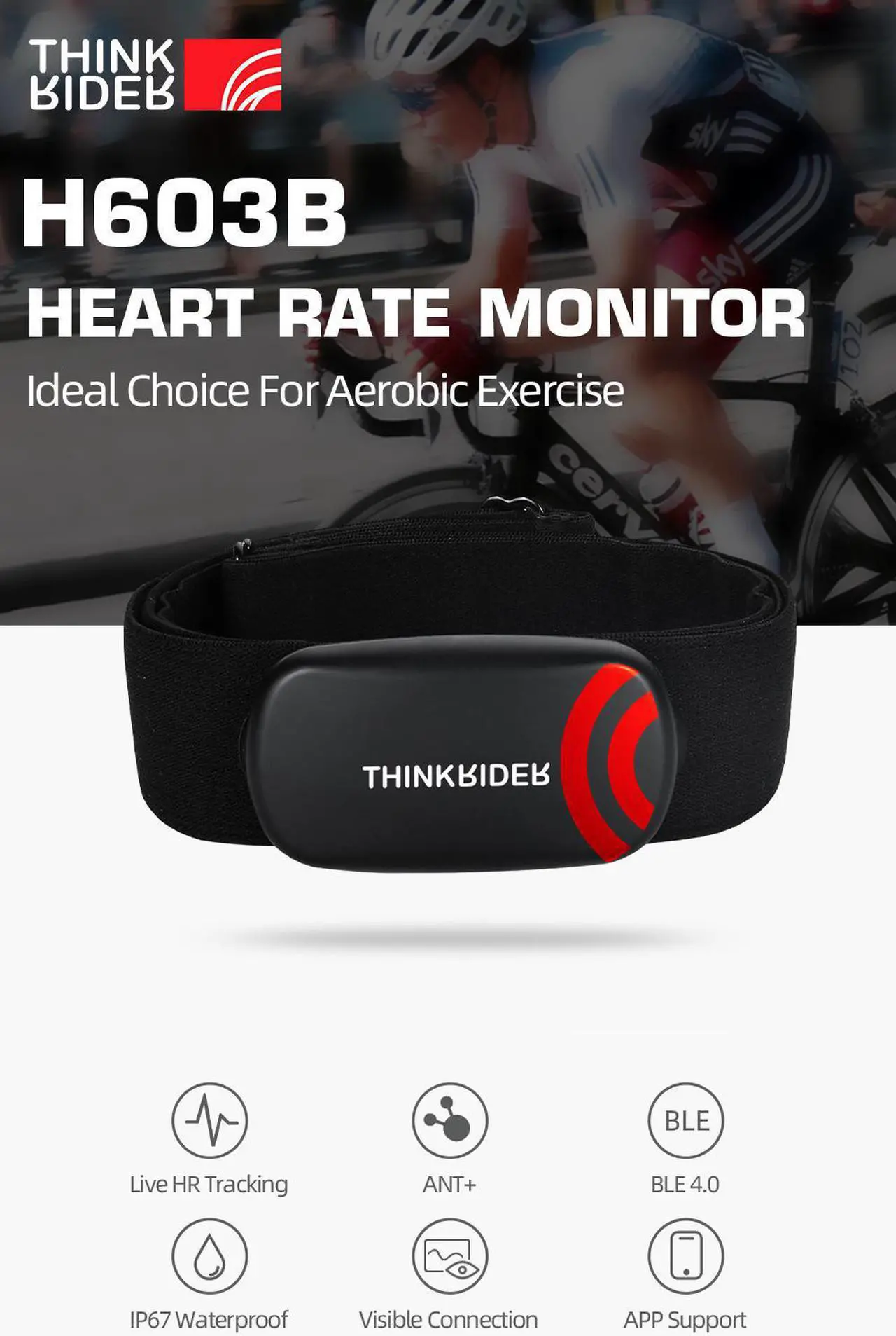 Alt view image 2 of 6 - Thinkrider Heart Rate Monitor Chest Strap, waterproof, compatible with mobile devices/PC/watch (with Protocol BT/ANT+)