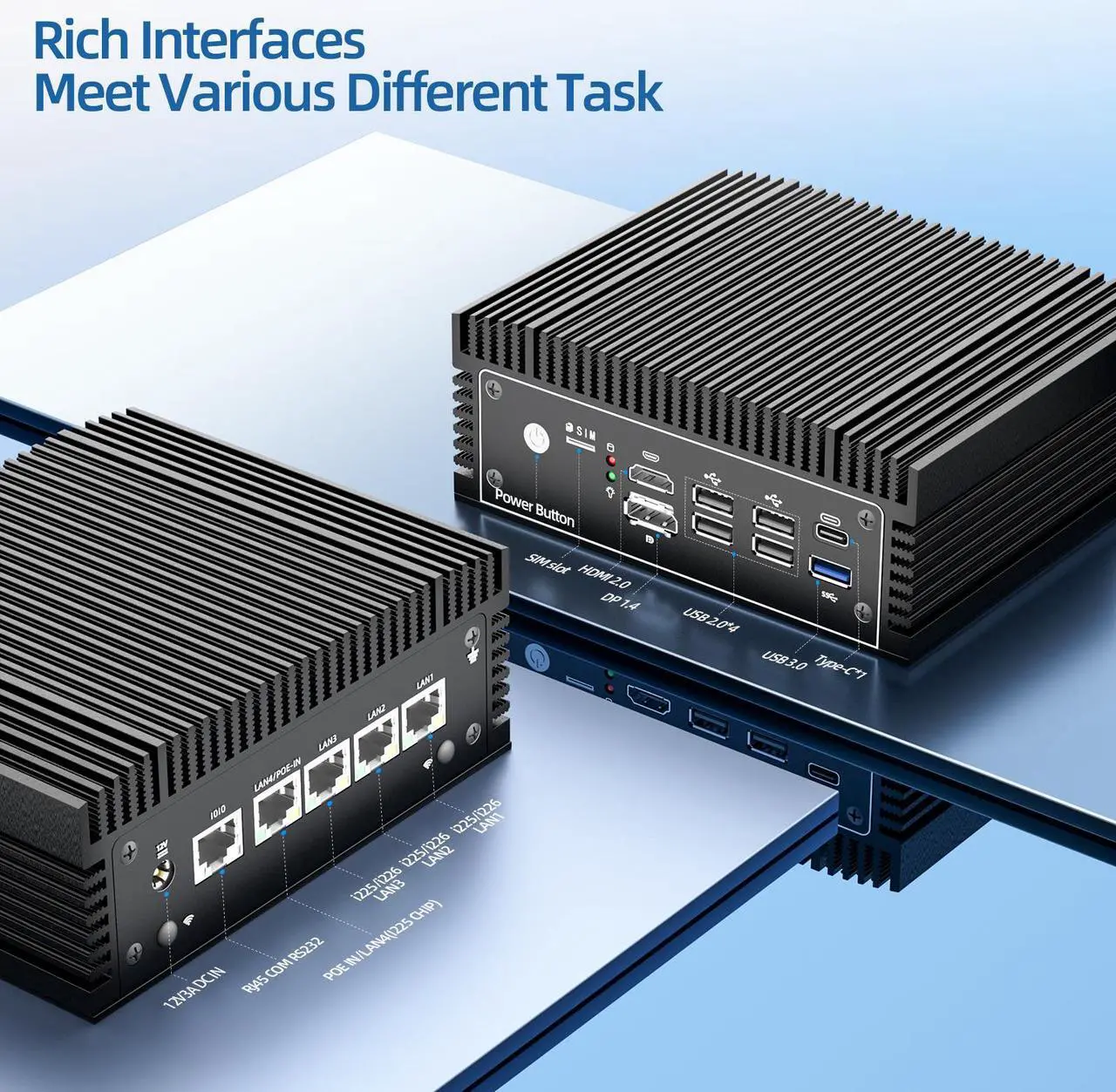 Alt view image 3 of 6 - N100 mini PC home Firewall Appliance, fanless mini pc,pfsense router,4 LAN compute,PoE IN, I225 2.5GbE,5G/4G SIM slot,1xRJ45 COM,1xUSB-C,5xUSB,HD+DP,12th Gen CPU mini pc,8GB DDR4,128GB SATA SSD