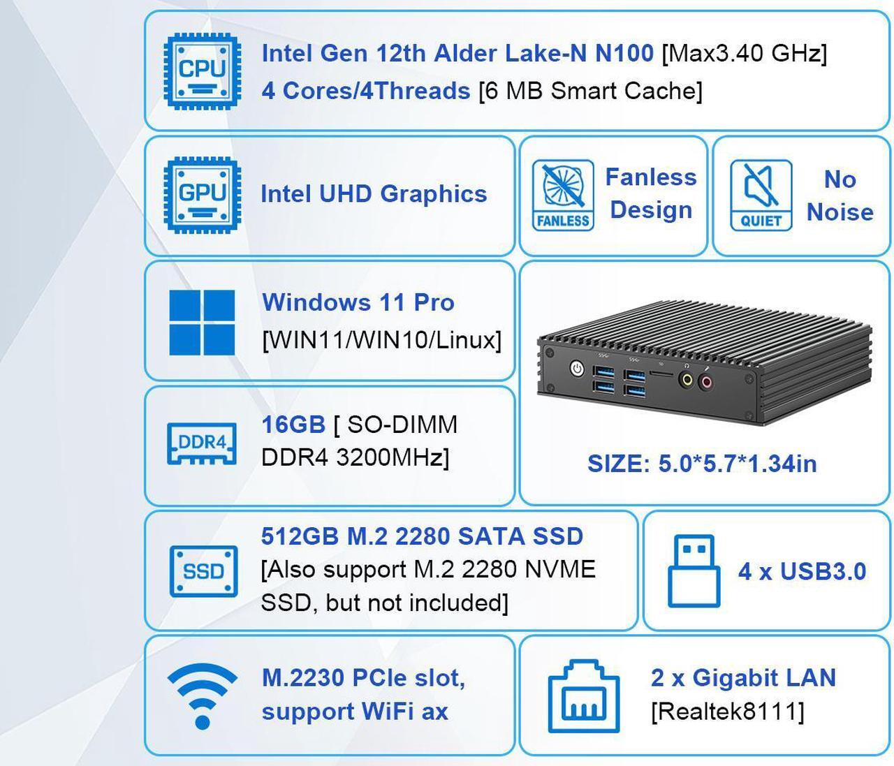 Alt view image 3 of 7 - NEOSMAY Fanless N100 Mini PC Pfsense Firewall Router Micro Appliance,for Intel 12th N100 Dual Gigabit Ethernet Desktop Tower Computer,16GB DDR4 RAM 512GB SATA SSD,Dual Display HD&DP, COM232, 4*USB3.0