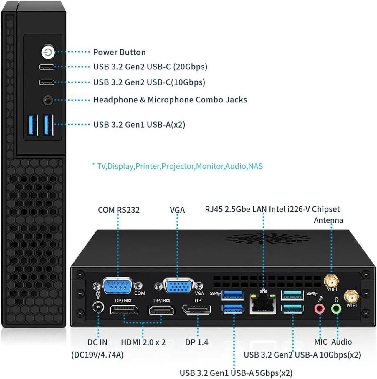Alt view image 4 of 6 - NEOSMAY Desktop Computer Tower for Intel 13th Gen Core i5-13400T up to 4.4 GHz, 32GB Dual DDR4 RAM 512GB NVME SSD 1TB 2.5'' HDD Mini PC,Quad 2*HD+DP+VGA 4K Display,2X Type C,8X USB,2.5Gbe i226 LAN