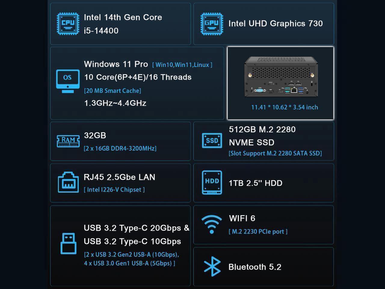 Alt view image 2 of 5 - NEOSMAY Tower Computer Desktop PC with-Intel 14th Gen Core i5-14400 up to 4.7GHz, 32GB Dual Channel DDR4 RAM, 512GB NVME SSD, 1TB 2.5'' HDD Mini PC with Type C, Quad Display, 8*USB, 2.5GbE i226 LAN