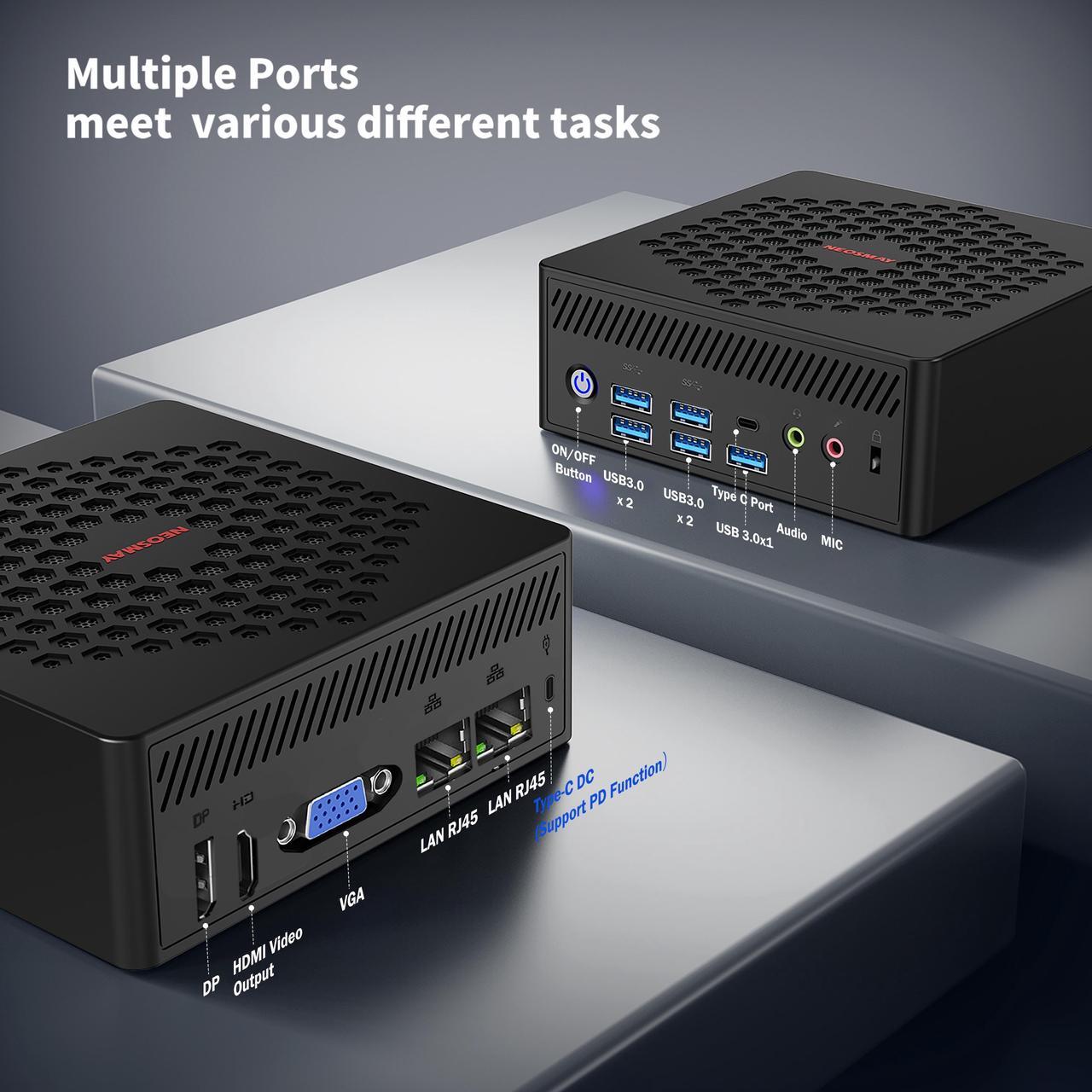 Alt view image 2 of 7 - NEOSMAY Fanless Mini PC With Type-C DC in(Support PD Function),Twin Lake Celeron N150 max 3.6GHz,16GB DDR4 RAM 512GB SATA SSD,2 x1000mbps RJ45 LAN,WiFi 6,BT5.2,DP+HD+VGA Triple Display,Type-C,5xUSB3.2