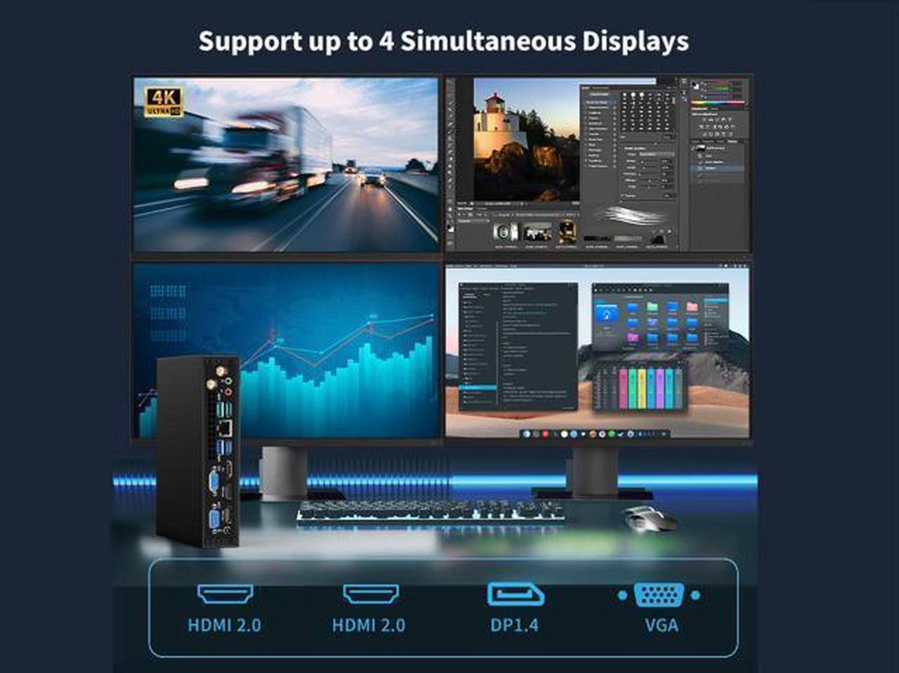 Alt view image 4 of 4 - NEOSMAY Desktop Computer Tower for 13th Gen Core i5-13400T up to 4.4 GHz 32GB Dual DDR4 RAM 512GB NVME SSD 1TB 2.5'' HDD Quad 2*HD+DP+VGA 4K Display 2X Type C 8X USB 2.5Gbe i226 LAN  Mini PC