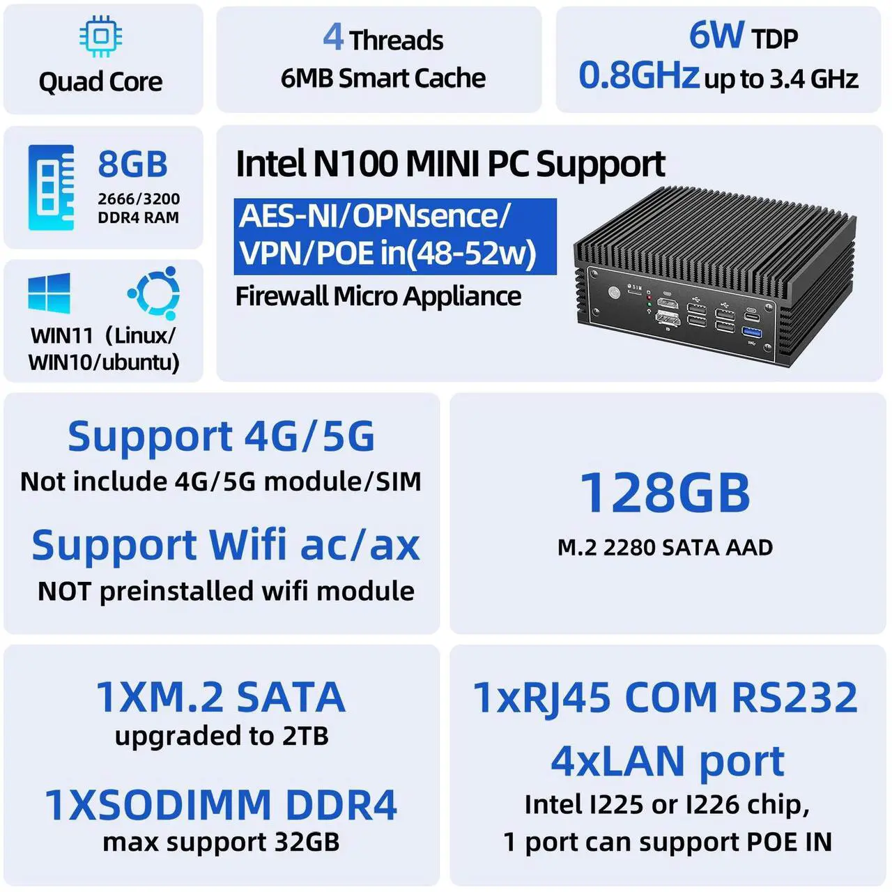Alt view image 6 of 6 - N100 mini PC home Firewall Appliance, fanless mini pc,pfsense router,4 LAN compute,PoE IN, I225 2.5GbE,5G/4G SIM slot,1xRJ45 COM,1xUSB-C,5xUSB,HD+DP,12th Gen CPU mini pc,8GB DDR4,128GB SATA SSD