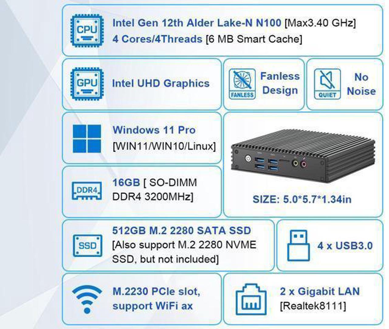 Alt view image 7 of 7 - NEOSMAY Fanless Mini PC Desktop Tower Computer Pfsense Firewall Router Micro Appliance,for Intel 12th N100 Dual Gigabit Ethernet,16GB DDR4 RAM 512GB SATA SSD,Dual Display HD&DP, COM232, 4*USB3.0
