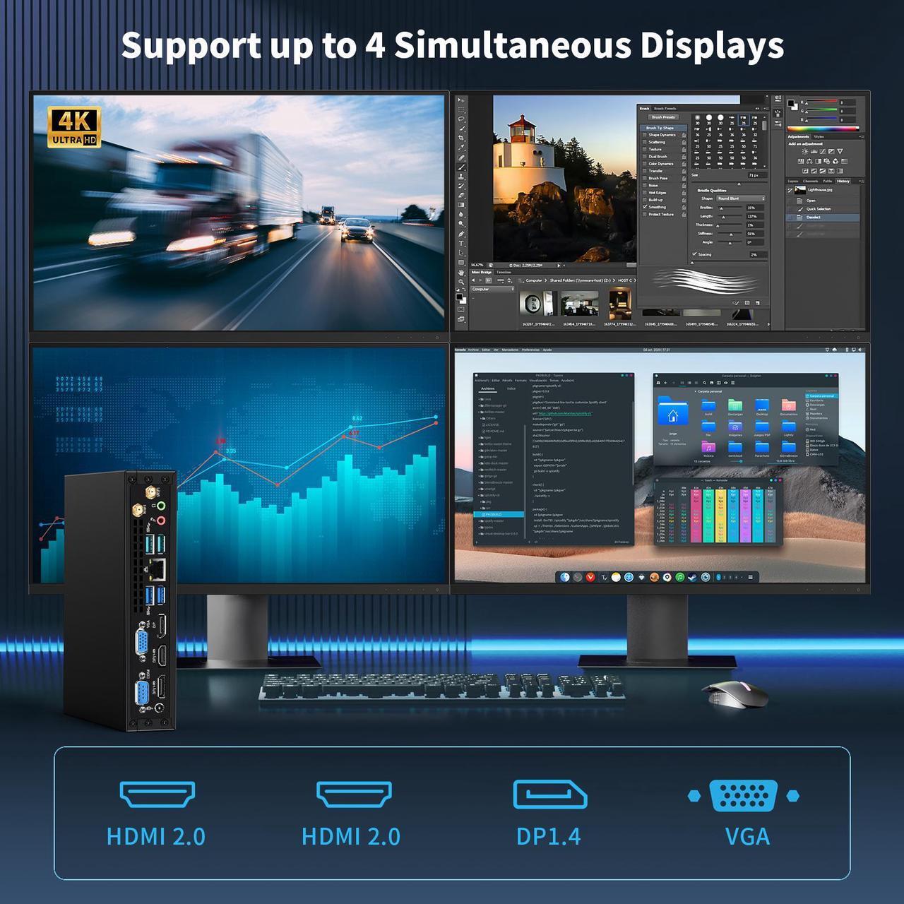 Alt view image 5 of 6 - NEOSMAY Desktop Computer Tower for Intel 13th Gen Core i5-13400T up to 4.4 GHz, 8GB Dual DDR4 RAM 256GB NVME SSD Mini PC,Quad 2*HD+DP+VGA 4K Display,2X Type C,8X USB,2.5Gbe i226 LAN