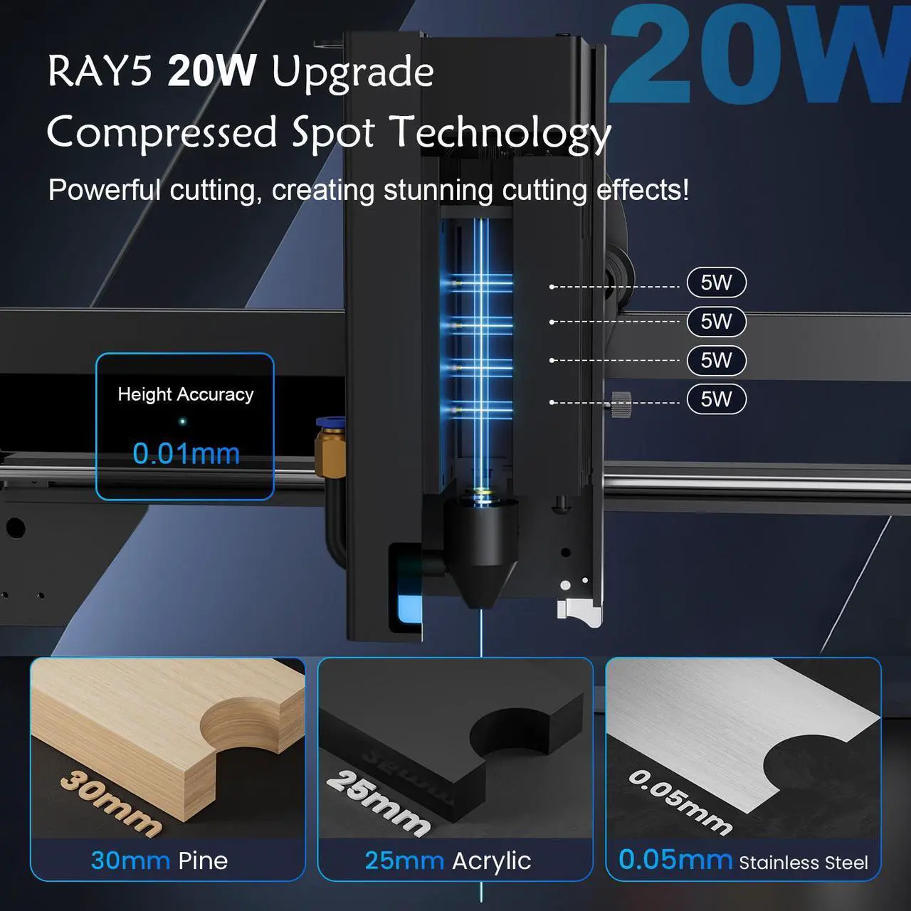 Alt view image 2 of 7 - REFURBI Longer RAY5 Laser Engraver 130W, Higher Accuracy Laser Engraver 20W Output Power, 3.5"Touch Screen APP Offline Control, DIY Engraver Tool for Metal/Glass/Wood, Cutting Area 14.7"x14.7"