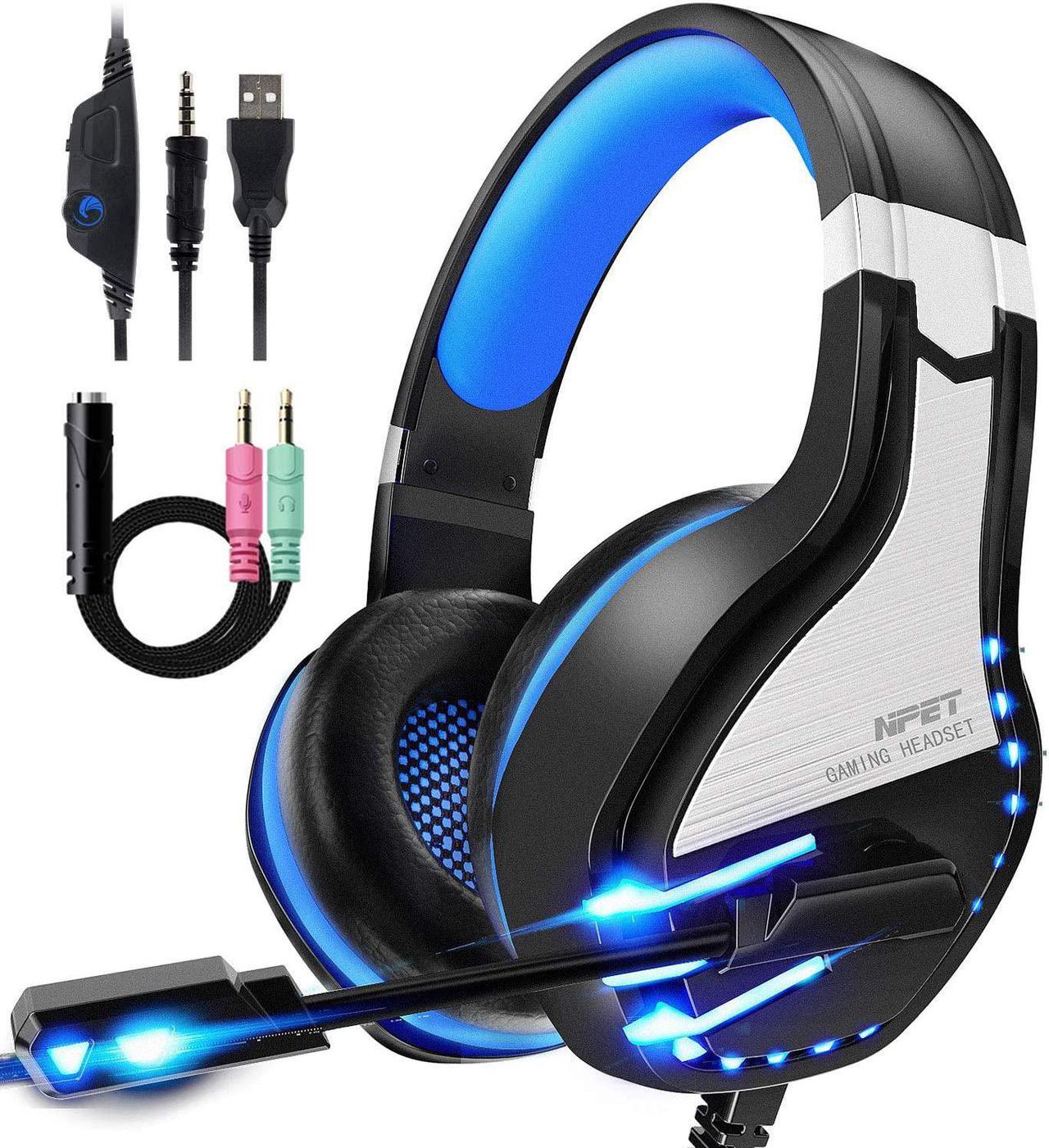 NPET HS10 Stereo Gaming Headset for PS4, PC, Xbox One Controller, Noise Cancelling Over-Ear Headphones with Mic, Soft Memory Earmuffs, LED Backlit, Volume Control, Blue