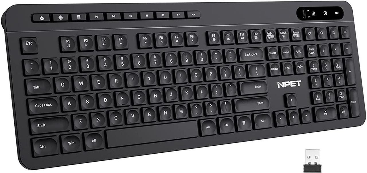 NPET WK20 Wireless Keyboard, 2.4G Ergonomic, Enlarged Indicator Light, Full-Size Keyboard with Number Pad, 14 Hotkeys, Compatible with Computer, PC, Laptop