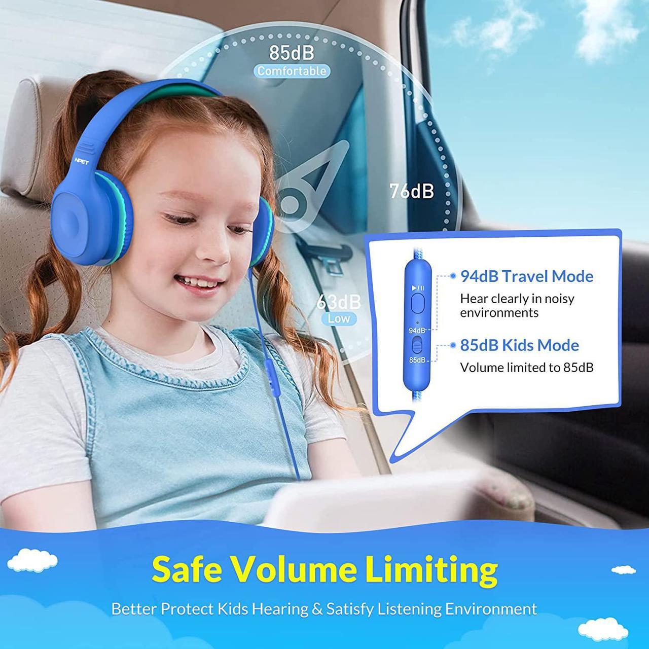 Kids Headphones, NPET KH10 85dB/94dB Volume Control, Sharing Function, Mic, 3.5mm Jack Wired On-Ear Headset for Children/Teens/Boys/Girls/Smartphones/Tablet/School/Airplane Travel/Plane