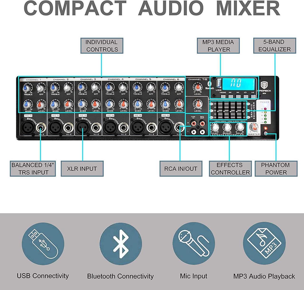 Alt view image 3 of 7 - PRORECK MX10 1600W 6-channel Powered Bluetooth Mixer with 10inch Passive Speakers PA System Mixer/Amp/ Stands/Mic