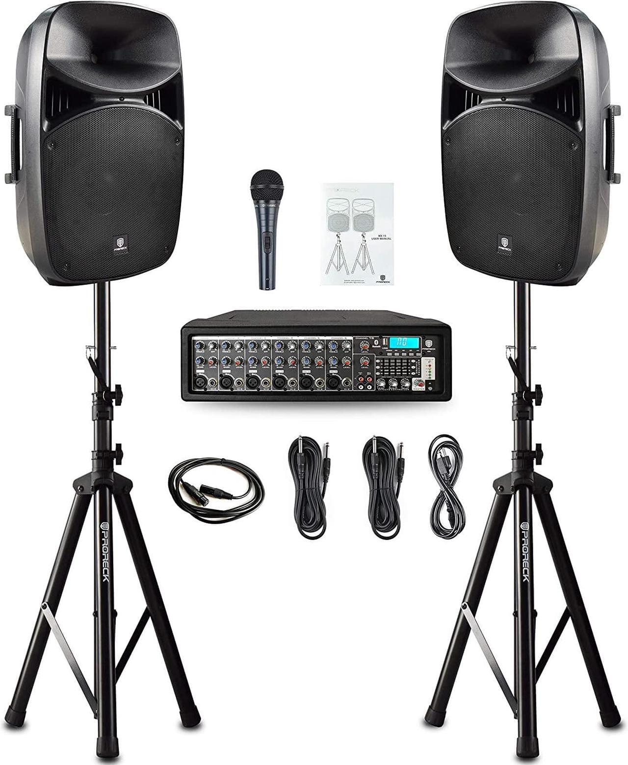 Main image of PRORECK MX10 1600W 6-channel Powered Bluetooth Mixer with 10inch Passive Speakers PA System Mixer/Amp/ Stands/Mic