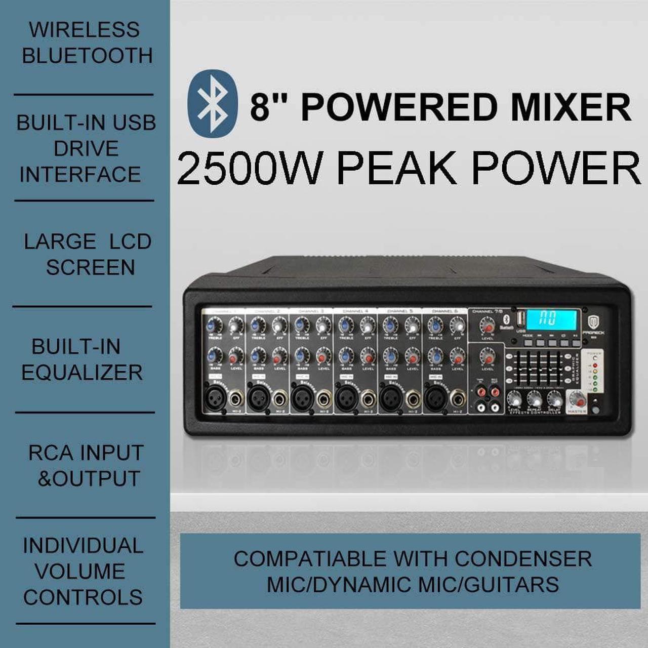 Alt view image 2 of 7 - PRORECK MX10 1600W 6-channel Powered Bluetooth Mixer with 10inch Passive Speakers PA System Mixer/Amp/ Stands/Mic