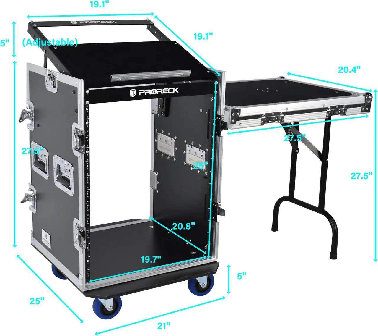Alt view image 5 of 7 - PRORECK 14U Rack/Road Case With Slant Mixer Top, One Side table And Casters, 20'' Rackable Depth, Plywood, 14U Installation Size, Pro Stage Performance.