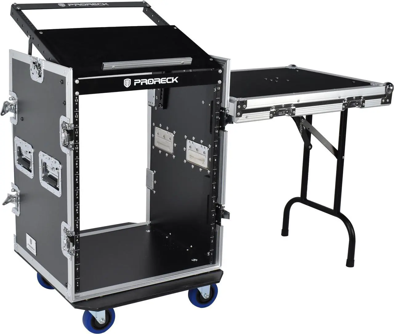 Main image of PRORECK 14U Rack/Road Case With Slant Mixer Top, One Side table And Casters, 20'' Rackable Depth, Plywood, 14U Installation Size, Pro Stage Performance.