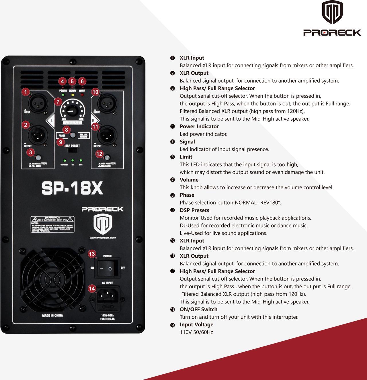 Alt view image 3 of 6 - PRORECK SP-18X Active Powered PA DJ Subwoofer Cabinet 18 inch 3000W P.M.P.O with Class-D Amplifier, 3 DSP Presets-Monitor, Coil Bass Reinforcement, Black, for Wedding, Party, Concert, Church (One Sub)
