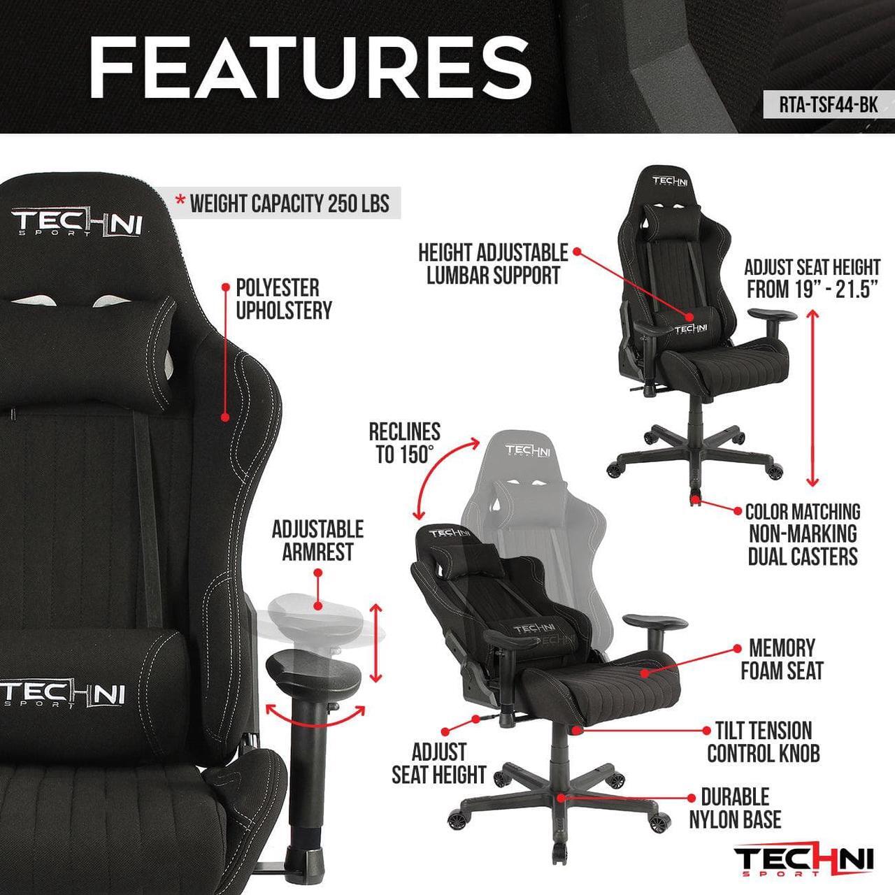 Alt view image 16 of 20 - Gaming Chair - Techni Sport TS-F44 - BLACK Fabric Ergonomic High Back Racer Style PC / Console Video Gaming / Study