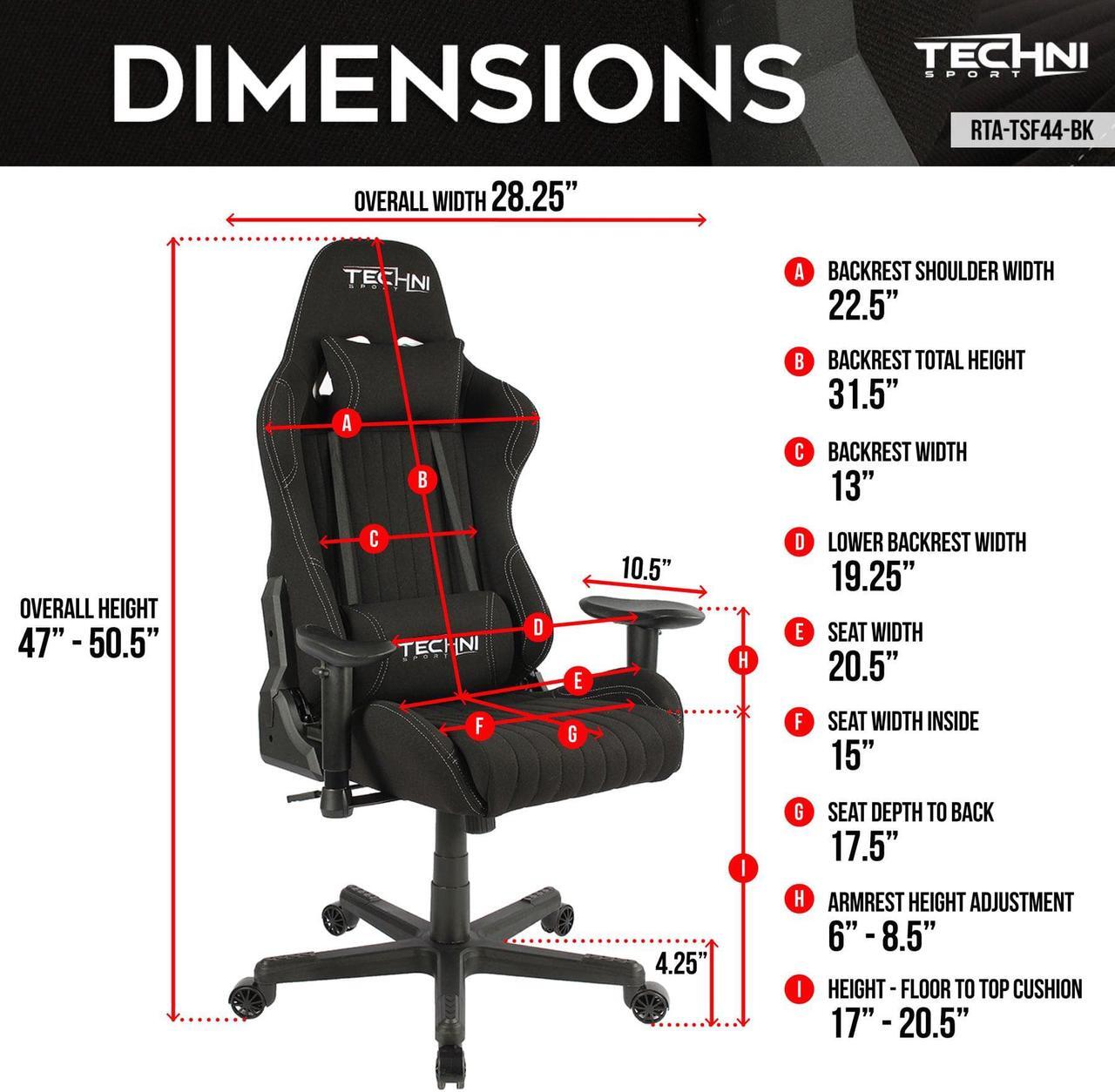 Alt view image 17 of 20 - Gaming Chair - Techni Sport TS-F44 - BLACK Fabric Ergonomic High Back Racer Style PC / Console Video Gaming / Study